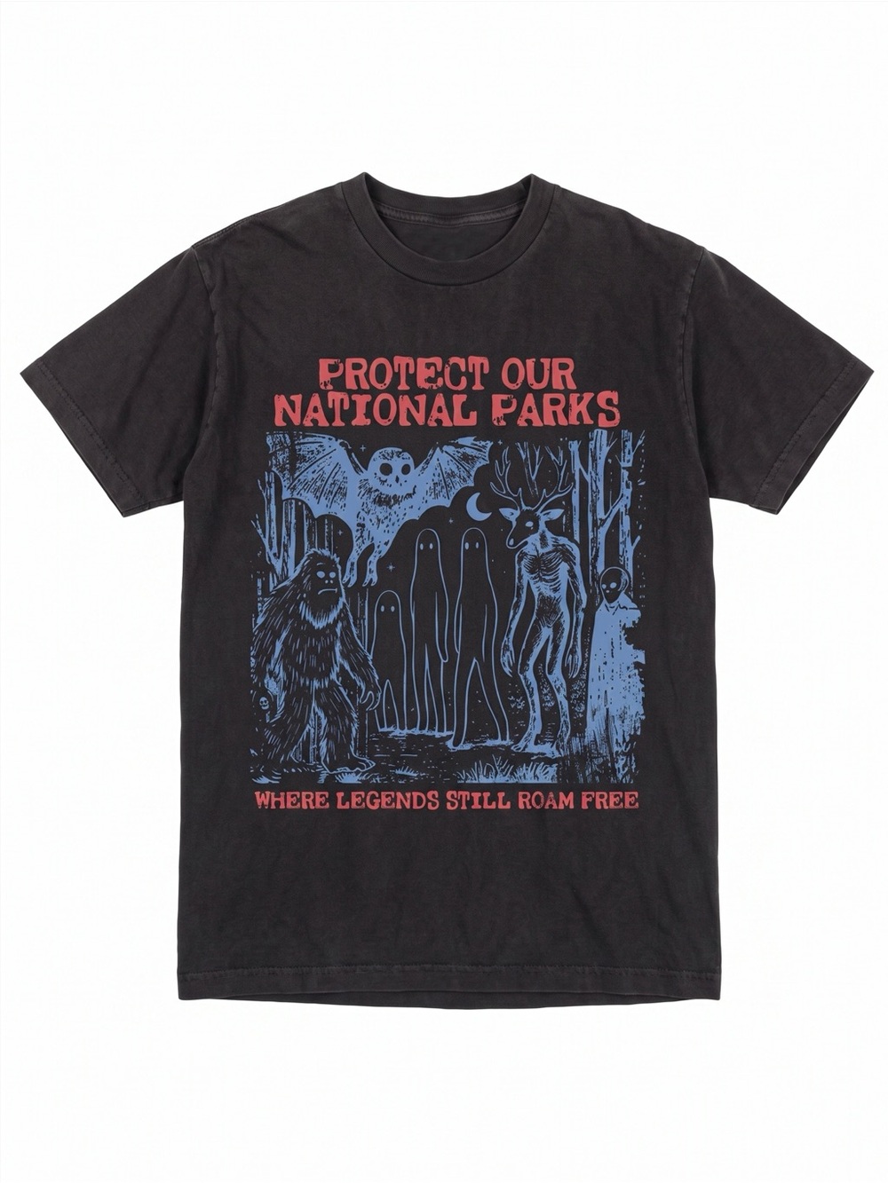 Protect Our National Parks Cryptid Monsters Faded Black T-Shirt